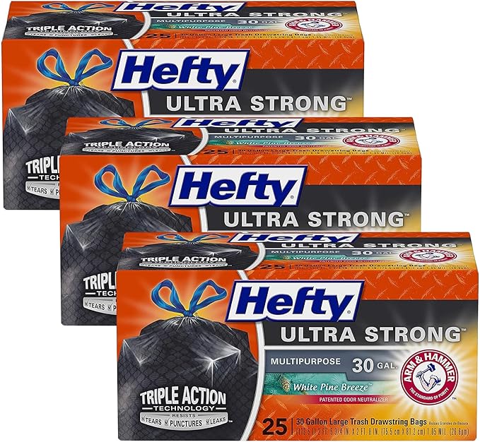 Hefty Ultra Strong Multipurpose Trash Bags Black Large Flexible Bags with Drawstring White Pine Breeze Scent 30 Gallon Bags 25 CT Bags Per Pack (Pack of 3)