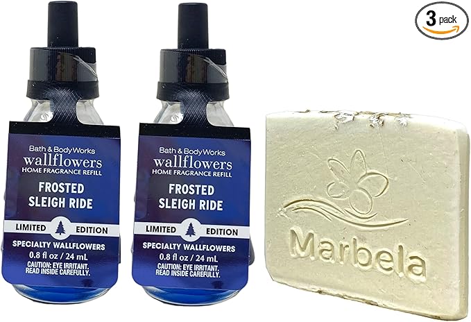 Bath &amp Body Works Frosted Sleigh Ride Wallflower Refill Bulbs Set of 2 – Limited Edition Tree-Shaped Bottles with Natural Oats Soap Sample
