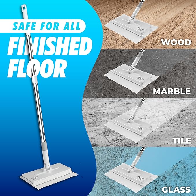 FlexiClamp Sweep &amp Mop Kit - Compatible with Swiffer Pads Durable Cleaning Tool for Hardwood Tile Marble &amp Laminate Floors Home Kitchen Cleaning Essentials. (Include 10 Dry Cloths)
