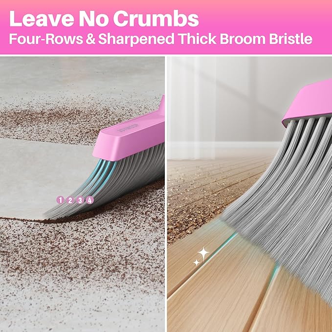 JOYMOOP Pink Broom and Dustpan Set with 56” Handle Upright Angle with Built-in Comb Teeth for Hardwood Floors and Pet Hair
