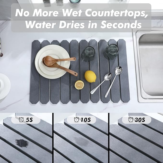 Stone Drying Mat for Kitchen Counter Quick Drying Stone Dish Drying Mat Diatomaceous Earth Drying Mat for Kitchen Counter Dish Drying Mat Foldable  Quick Drying Stone Mat (Grey 24×16)