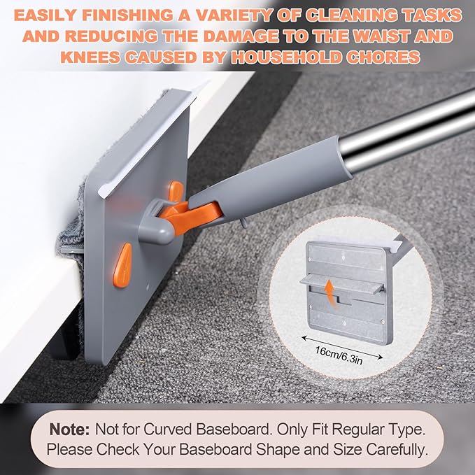 Adjustable Baseboard Cleaner Tool with 81.5'' Handle 360° Rotatable Wall Cleaner Mop 180° Flipping Ceiling Cleaning Mop Tool with 2 Mops 8 Reusable Pads for Walls Baseboard Window Floor