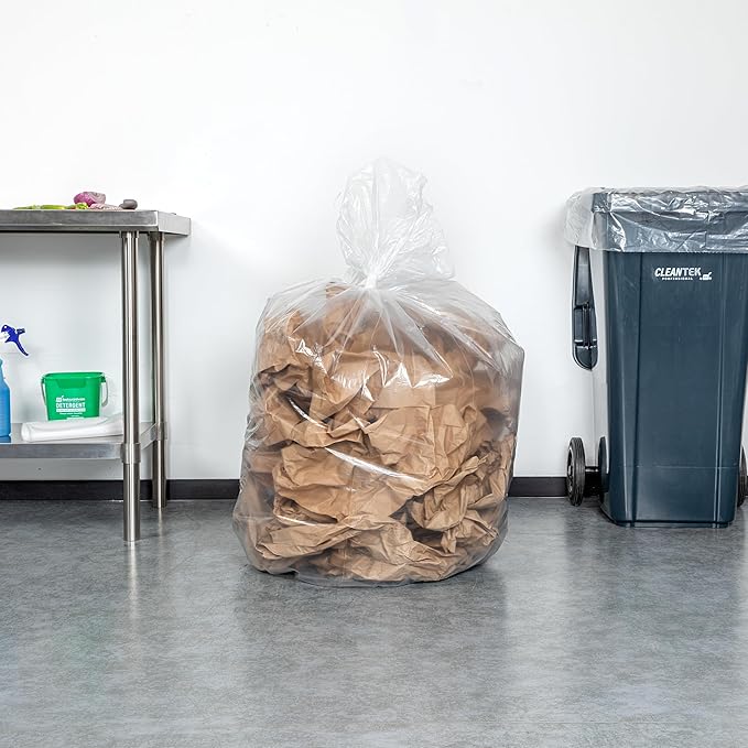 Restaurantware-RW Clean 55 Gallon Trash Bags 100 Light-Duty Garbage Can Liners- Fits 55-60 Gallon Trash Cans Stretchable Clear Plastic Bin liners with Star Seal Bottom