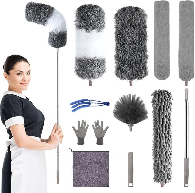 Microfiber Feather Duster with Extension Pole 30 to 100 inches ReusableBendable Washable Dusters for Cleaning Ceiling Fan High Ceiling Blinds Furniture &amp Cars 12PCS