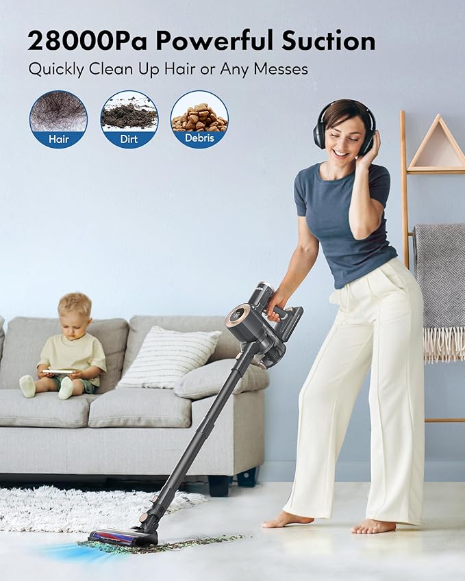 Cordless Vacuum Cleaner 28Kpa Powerful Suction with LED Display 8 in 1 Lightweight Stick Vacuum 50 Min Runtime Detachable Battery 1.5L Dust Cup for Carpet and Hard Floor Pet Hair Black