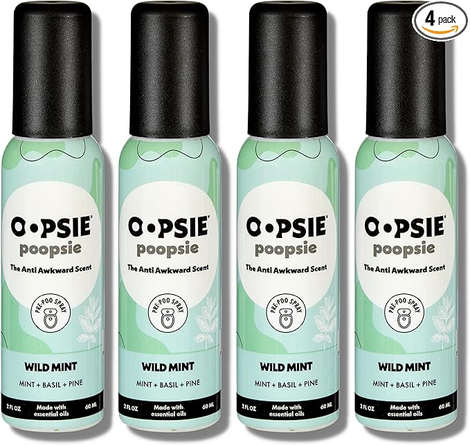 Oopsie Poopsie Pre Poop Spray - 4 Pack Natural Pre Poo Toilet Spray for Bathrooms Trap Odors &amp Eliminate Embarrassment 2oz Travel Size Pre Poo Air Freshener Spray (Wild Mint)