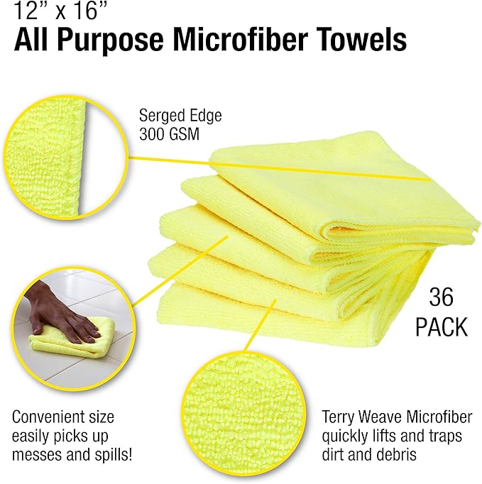 Eurow 300 GSM Microfiber Cleaning Cloths Soft Streak-Free Lint-Free Ultra Absorbent Reusable Towels for Auto Detailing Home Cleaning Kitchen Glass Electronics 12x16in 36-Pack Yellow