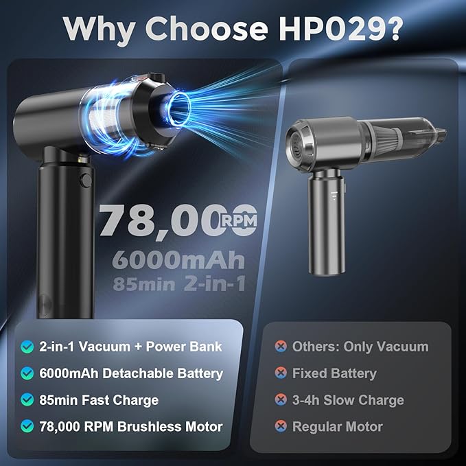 Cordless Handheld Vacuum with 6000mAh Power Bank &amp LED Light – 3-in-1 Car Vacuum Air Blower &amp Phone Charger 20000Pa Strong Suction 1lb Mini Vacuum for Car Home Pet Hair &amp Travel