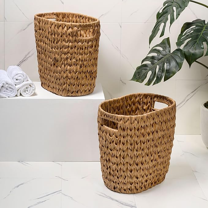 happimess HPM1407A-SET2 Maple Contemporary Farmhouse Resin 4.5-Gallon Tapered Oval Wicker Watebasket with Handles Natural (Set of 2)