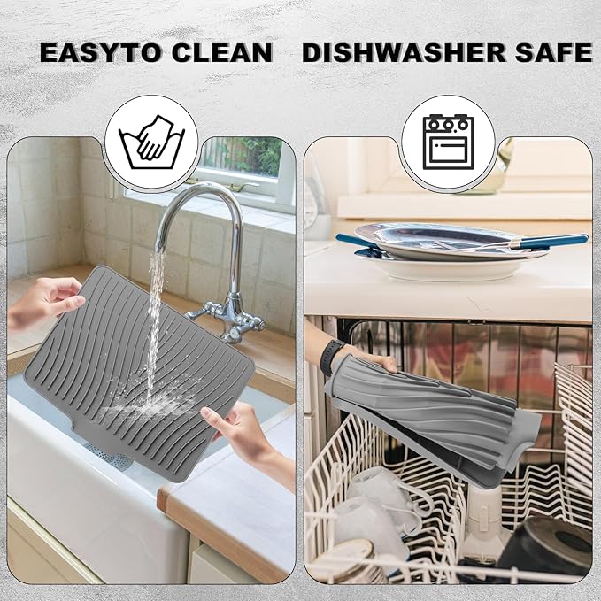 Silicone Dish Drying Mat for Kitchen Counter Dish Drying Pad Non-Slip Drain Pad with Built-in Drain Food-Grade Odorless Easy-Clean Drying Mat (Black 19.69 x 17)
