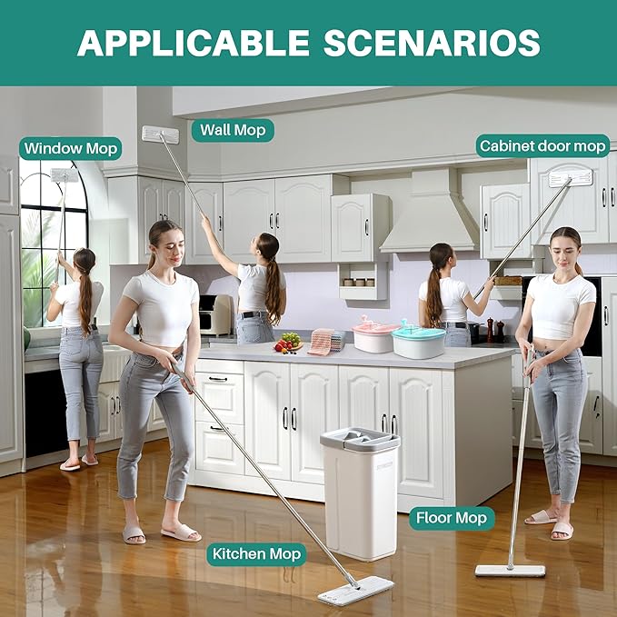 JOYMOOP White Flat Mop &amp Bucket with 1 Microfiber Pad 12 Disposable Toilet Brushes Stainless Steel Toilet Brush and Holder Set Multi-Functional Cleaner for Floors Windows and Toilets