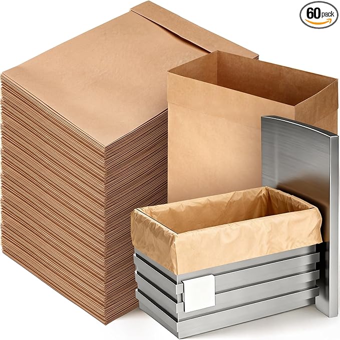 60 Pcs Trash Compactor Bags for Kitchen Pre-Cuffed Heavy Duty Kraft Paper Compactor Bags with Waterproof Liner Reinforced Bottom for Kitchen Use 20.47 x 15.75 x 8.66