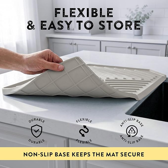 Silicone Dish Drying Mat with Drain Self-Draining Heat Resistant &amp Non-Slip Kitchen Counter Mat Easy to Clean Reusable 19.3'' x 13'' Greige