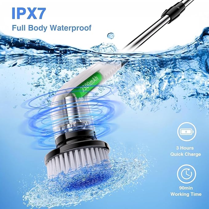 7-in-1 Electric Spin Scrubber 25W Powerful Cordless Cleaning Brush with Adjustable Handle &amp 7 Replaceable Heads for Bathroom Floor Tile Kitchen &amp Car
