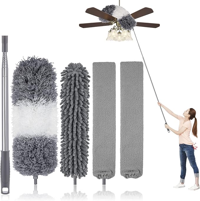 Microfiber Feather Duster Kit with Extension Pole (30–100) – Bendable Washable Heads Extendable Dusters for Cleaning Ceiling Fan High Ceiling Blinds Furniture &amp Cars (5 Pcs)