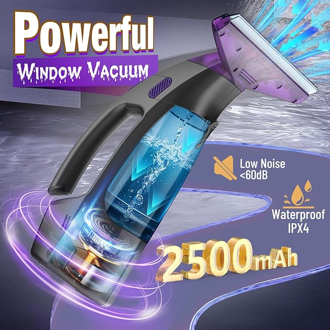 2000Pa and 2500mAh Electric Window Cleaner Tool with Gloves and 2 Cleaning Cloth Window Vacuum Squeegee Cordless with 360ml Spray Bottle &amp 100ml Water Tank for Window Mirror Countertop Tile