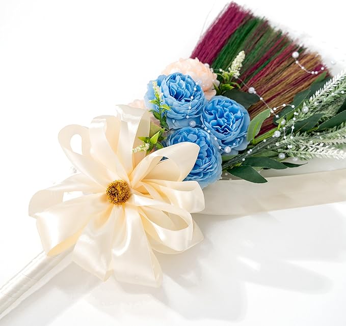 Elegant Wedding Brooms Bride Bridegroom Jumping The Broom for Wedding Natural Whisk Broom with Ribbons Artificial Pearl LeavesRoses for Decorative