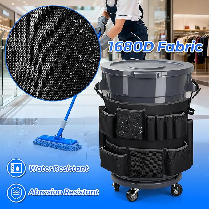 Trash Can Caddy Bag - 1680D Fabric Heavy Duty Cleaning Caddy with Adjustable Buckle Fits for 32-55 Gallon Garbage Bin 10 Pockets Cleaning Tool Storage Organizer for Housekeeping Janitorial