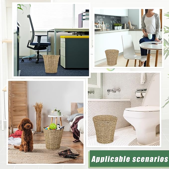 Hushee 4 Pcs Seagrass Waste Basket 3 Gallons Wicker Waste Basket Woven Rattan Trash Can Boho Wicker Garbage Can for Bathroom Bedroom Kitchen Offices Home Brown