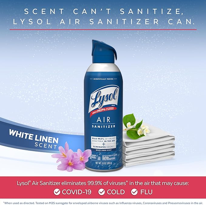 Lysol Bundle containing x2 Lysol Disinfectant Spray for Hard and Soft Surfaces Crisp Linen 19 Fl. Oz + Lysol Air Sanitizer Spray For Air Sanitization and Odor Elimination White Linen 10 Fl. Oz