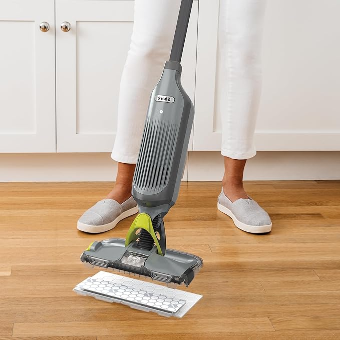 Shark VACMOP Cordless Hard Floor Cleaner Vacuum and Spray Mop Powerful Suction Lightweight LED Headlights Includes 4 Disposable Pads 12oz Multi-Surface Cleaning Solution Gray VM252