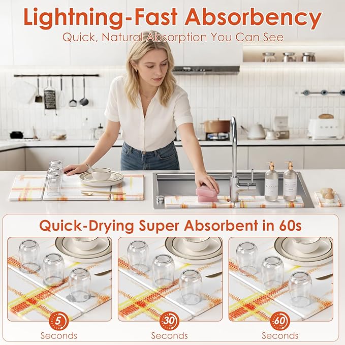 3 PCS Large Stone Dish Drying Mat for Kitchen Counter -24x16 Absorbent Diatomaceous Earth Mat with Stone Faucet Mat &amp Soap Tray - Quick Dry Collapsible Non-Slip Countertop Organizer