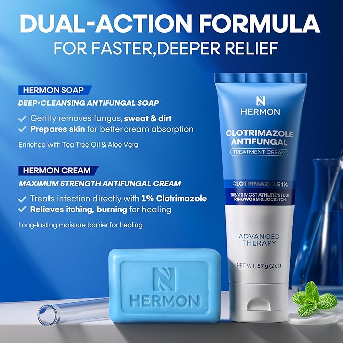 Hermon Clotrimazole Antifungal Treatment Cream &amp Soap Kit: Antifungal Cream for Athletes Foot Jock Itch Ringworm with Anti Fungal Soap - Relieves Itching Burning Cracking - 57g Tube / 113g Bar