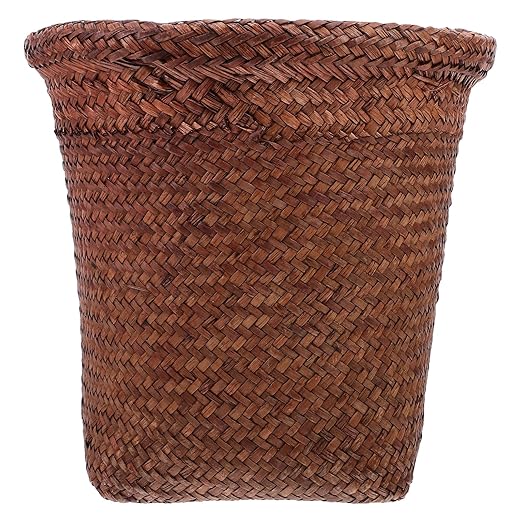 COHEALI Woven Straw Wastebasket Medium Coffee Color Decorative Storage Basket Home Trash Can Office Garbage Bin for Bedroom Bathroom Kitchen Use