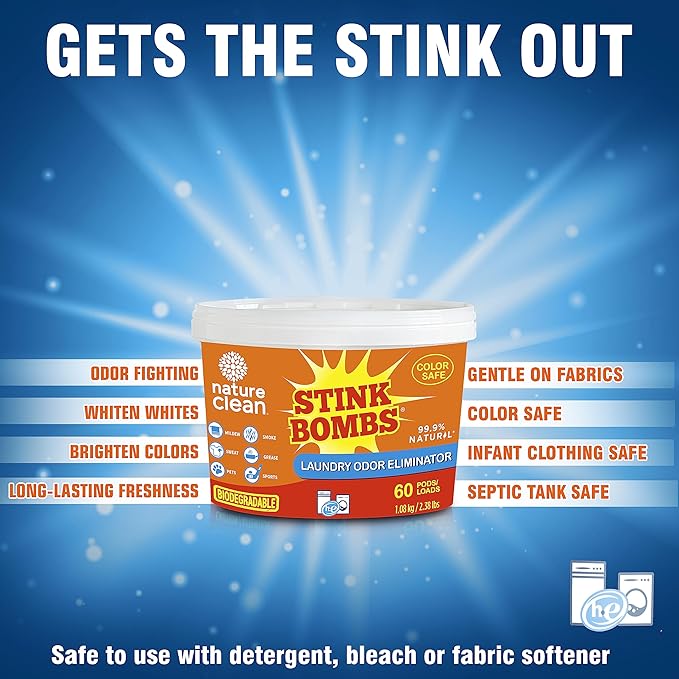 Nature Clean Stink Bombs Laundry Odor Eliminator Pods for Clothes Removes Pet Sweat Grease Mildew &amp Sports Odors Laundry Deodorizer for Home Use 60 Count (Pack of 1)
