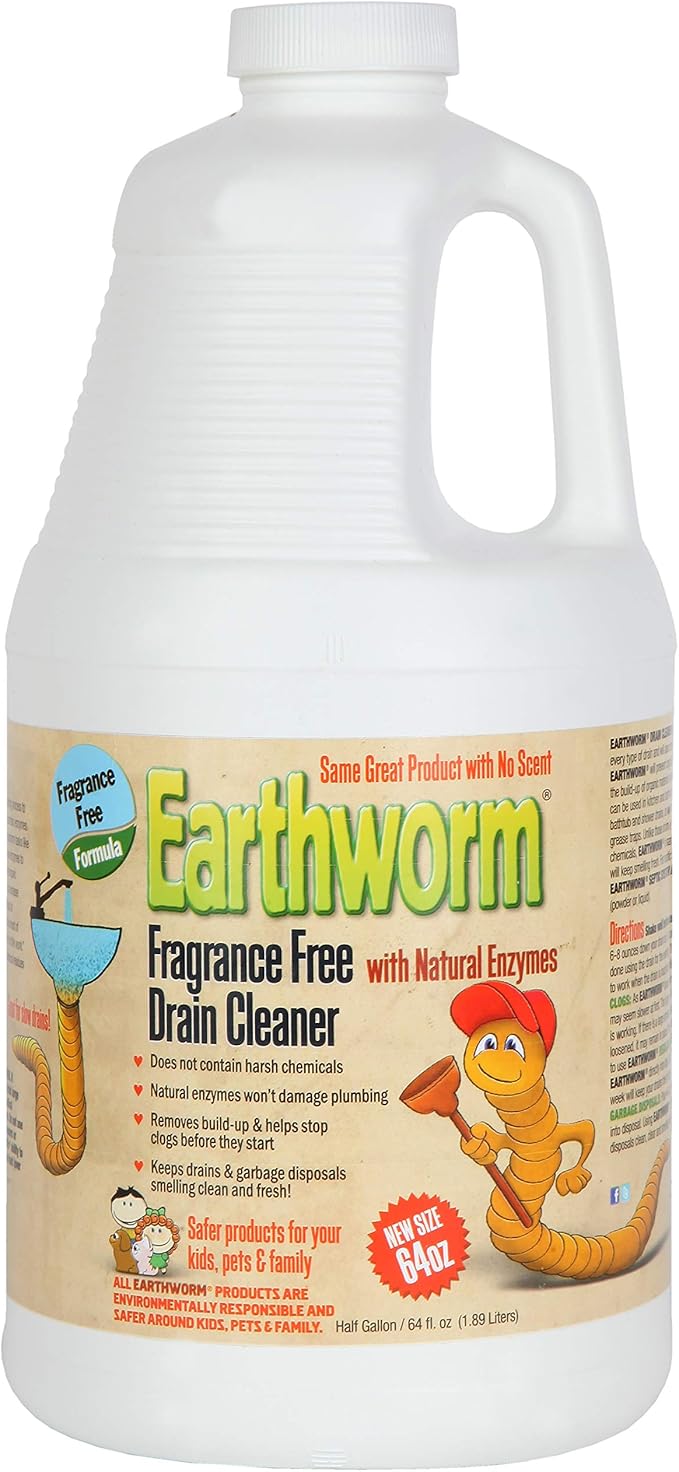 Earthworm Fragrance Free Drain Cleaner - Drain Opener - Natural Enzymes Environmentally Responsible Safer for Pets and Kids - 1 Half Gallon 64 oz