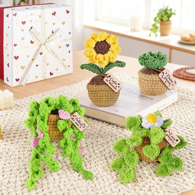 4 Pcs Crochet Plant Vent Clips for CarHandmade Mini Plant Car Air Fresheners with Inspirational CardsSucculent Sunflower Potted Plants Car Vent Clips Xmas Crochet Gift for Plants Lover with Gift Box