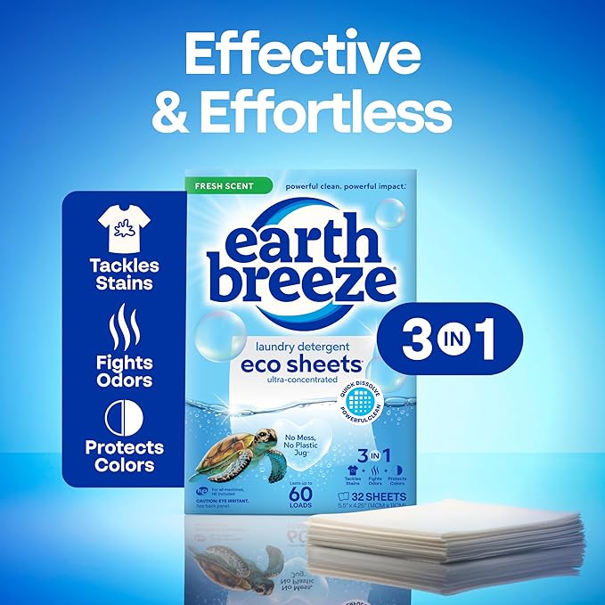 Earth Breeze Laundry Detergent Sheets Fresh Scent - 60 Loads per package. Eco Liquidless Soap - Travel-Friendly for Hot &amp Cold Cycles Tackles Tough Stains &amp Odors - Gentle on Skin 30 sheets