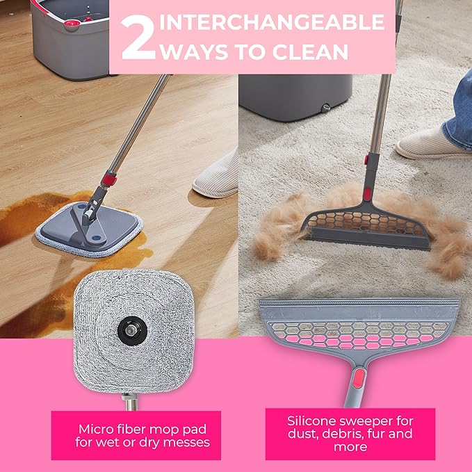 True &amp Tidy True Clean Spin Mop &amp Bucket System – Dual Compartment Design for Clean &amp Dirty Water 360° Swivel Mop Head Built-in Scrubbing Brush Stainless Steel Handle &amp 2 Reusable M
