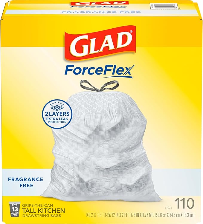Glad ForceFlex Tall Kitchen Drawstring Trash Bags13 GalFragrance Free110 Ct (Package May Vary)(Pack of 3)