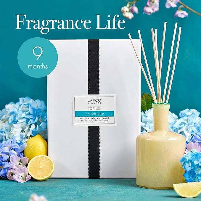LAFCO New York Signature Reed Diffuser French Lilac - 15 oz - Up to 9 Months Fragrance Life - Reusable Hand Blown Glass Vessel - Natural Wood Reeds - Made in The USA