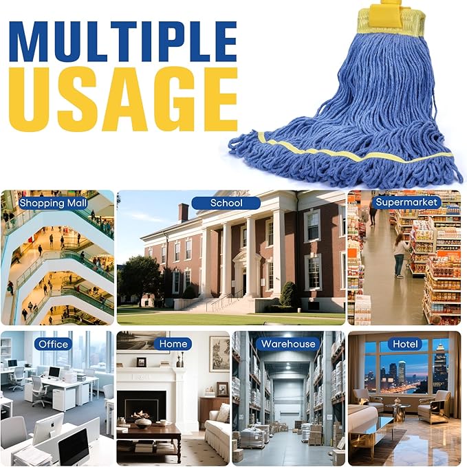 Matthew Cleaning Commercial Mop Head Replacement 5 Inch Wide Headband Looped End Cotton Blend String Wet Mops for Floor Cleaning 24 oz Large Case Pack 12 Pcs Blue