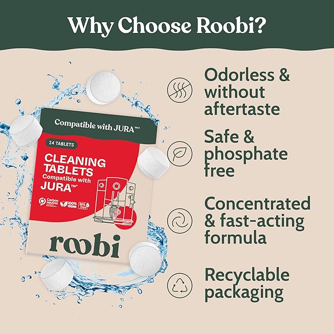 Roobi Compatible Cleaning Tablets for Jura. 24 Jura Cleaning Tablets for Automatic Espresso Coffee Machines. 100% Vegan Carbon Neutral.