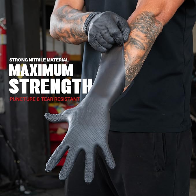 Herkules Grip Heavy Duty 8Mil Black Nitrile Gloves3D Raised Diamond Texture-Latex &amp Powder-Free Industrial Mechanic