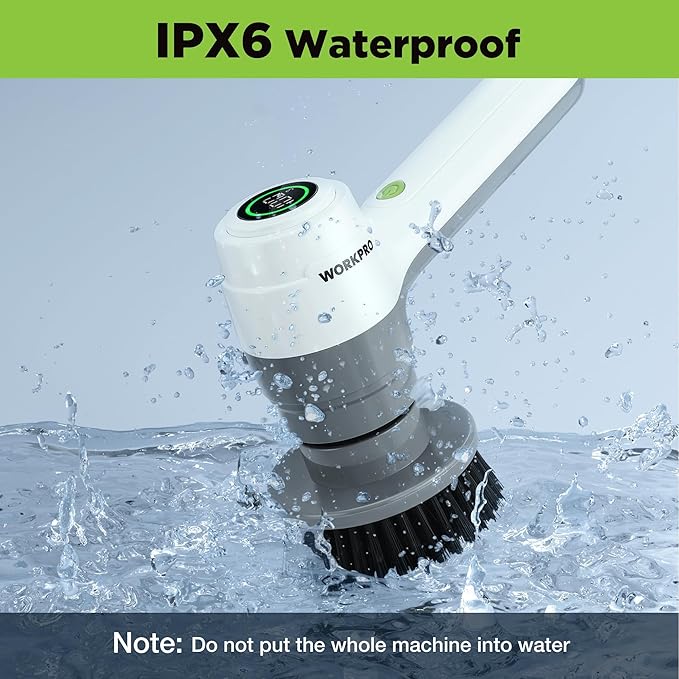 WORKPRO 8V Electric Spin Scrubber 3-Speed Adjustable Shower Scrubber with 6 Replaceable Brush Heads IPX6 Waterproof Electric Scrubber for Cleaning Bathroom Kitchen Sinks and Windows
