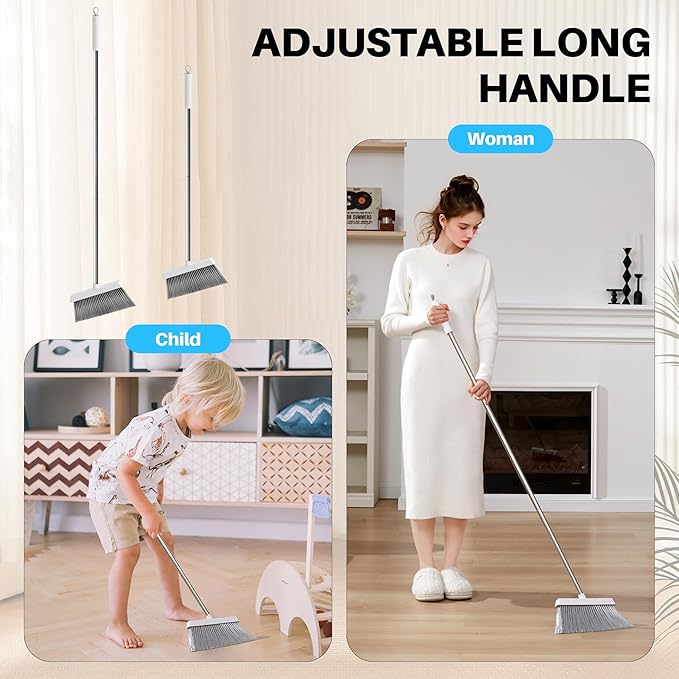 JOYMOOP White Broom and Dustpan Set Upright Angle Design with Built-in Comb Teeth for Kitchen Office Pet Hair Hard Floors
