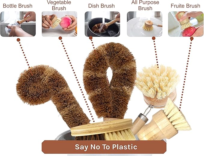 Ecozoi Bamboo Dish Brush Set 6 Piece for Vegetable and Kitchen Dish Cleaning Sisal &amp Coconut Fibers with Bamboo Handles Kitchen Brushes for Dishes Pots Pans