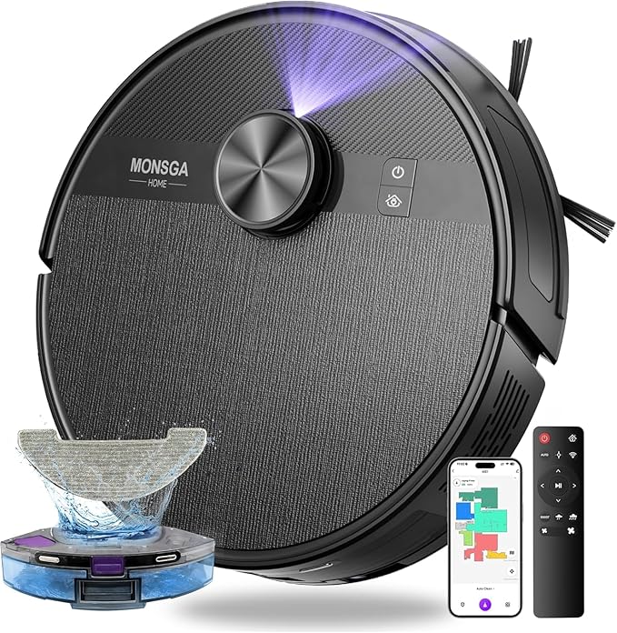 MONSGA Robot Vacuum and Mop Combo 7000Pa Robotic Vacuum with Lidar Navigation 180mins Runtime Tangle-Free Robot Mop 5 Editable Maps APP/Remote/Voice Control Ideal for Hard Floors and Carpets