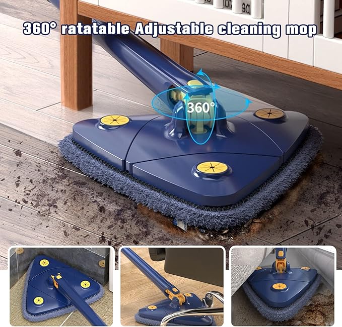 360° Rotatable Adjustable Cleaning Mop with 4 Replacement Pads-Extendable Triangle Shaped Microfiber Dust Mop with Long Handle for Wall CeilingHardwood Windows Floor Wall Tile Dust (Blue)