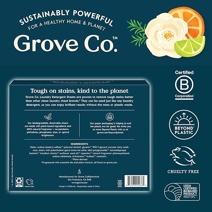 Grove Co. Laundry Detergent Sheets Power Clean Dissolving Washer Sheets (2 Pack - 64 Loads) Tough Stain Remover 100% Natural Lavender Blossom &amp Thyme Fragrance