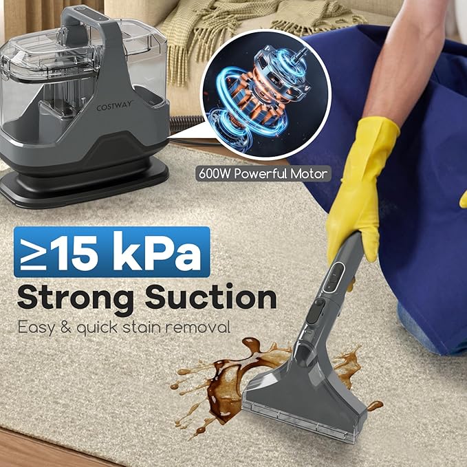 COSTWAY Upholstery Cleaner Machine Portable Spot Cleaner with 15Kpa Powerful Suction 600W Cleaning Machine with Versatile Attachments for Couch Stairs Carpet Pet Messes