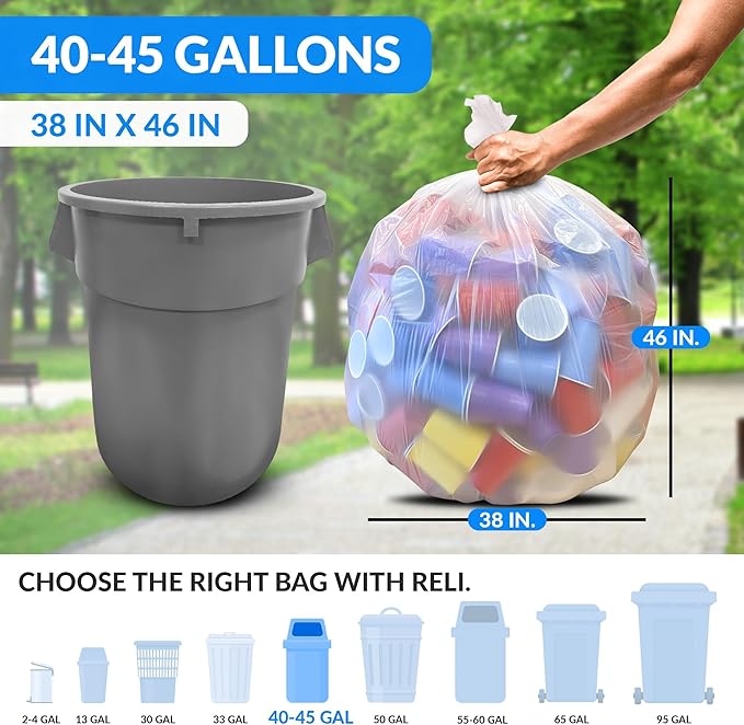 Reli. 40 to 45 Gallon Trash Bags Heavy Duty | 125 Trash Bags with Ties | Super Sizeable Clear Serious Garbage Cleanup