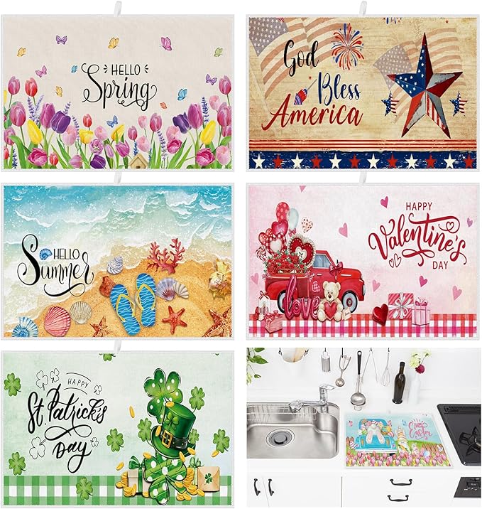 Nuanchu 6 Pcs Seasonal Dish Drying Mats for Kitchen Counter 24x 16 Easter 4th of July Valentine St. Patrick's Day Microfiber Drainer Mat Large Holiday Spring Summer Washable Mat for Home Accessories