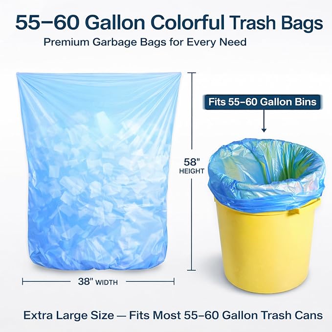 YoYoRain-(55-60) Gallon Colorful Trash Bag Large Garbage Bag-22Mic 38 x 58Perfect for IndustrialLawnYard Waste and Kitchen(50Bags).