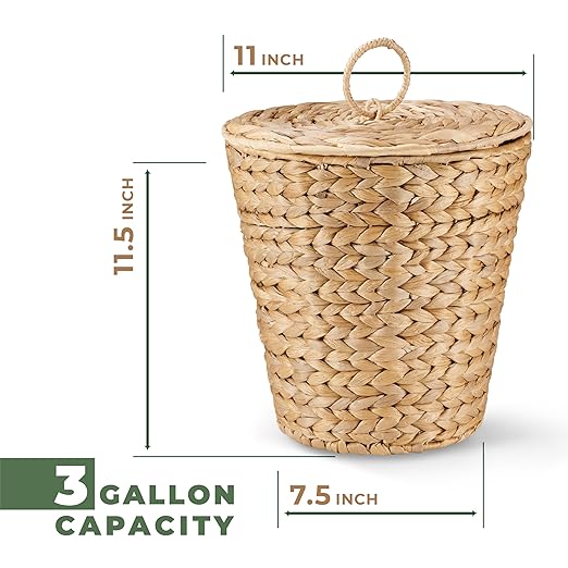 3 Gallon Wicker Trash Can with Liner and Lid - Rattan Trash Can - Wicker Waste Basket for Bathroom Bedroom Kitchen Living Room