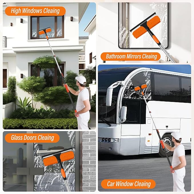 26FT High Window Cleaning Kit with Pole2 in 1 Window Squeegee5-20FT Professional Window Clean Pole Kit(2 Squeegee &amp 2 Microfibre Cloths)180°Rotatable Squeegee for Indoor/Outdoor High Windows